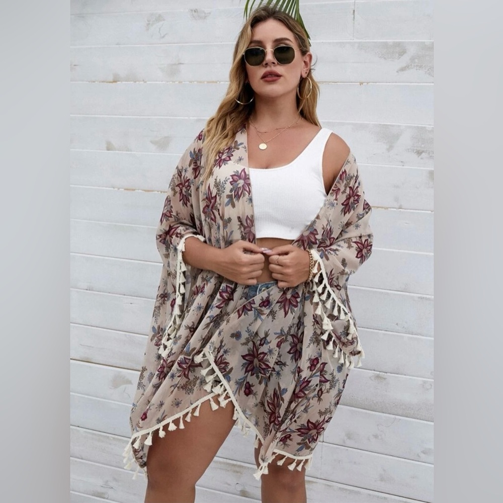 SHEIN Beige Floral Tassel Kimono Cardigan with Burgundy and Blue Flowers
